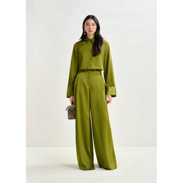 Essentiel Antwerp Olive green oversized satin shirt with button placket, view 4
