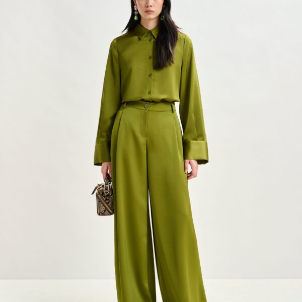 Essentiel Antwerp Olive green oversized satin shirt with button placket - Essentiel Antwerp Shirts - Colorful Belgian Design - Shop at Coveti