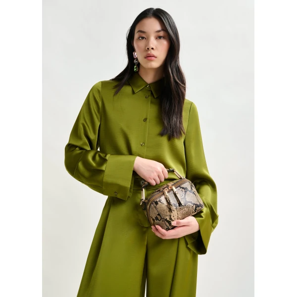 Essentiel Antwerp Olive green oversized satin shirt with button placket, view 5