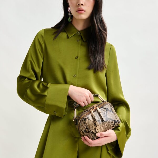 Essentiel Antwerp Olive green oversized satin shirt with button placket - Essentiel Antwerp Shirts - Colorful Belgian Design - Shop at Coveti