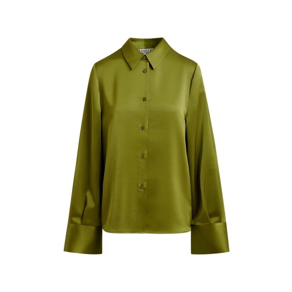 Essentiel Antwerp Olive green oversized satin shirt with button placket - Essentiel Antwerp Shirts - Colorful Belgian Design - Shop at Coveti