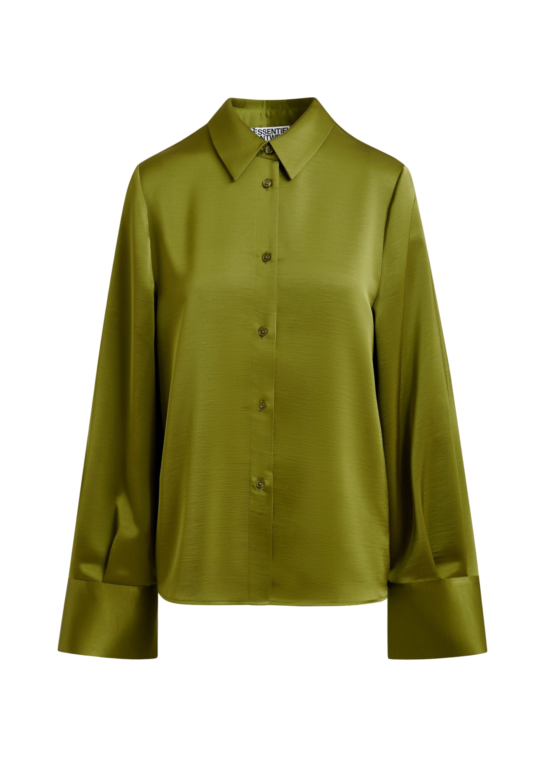 Essentiel Antwerp Olive green oversized satin shirt with button placket - Essentiel Antwerp Shirts - Colorful Belgian Design - Shop at Coveti