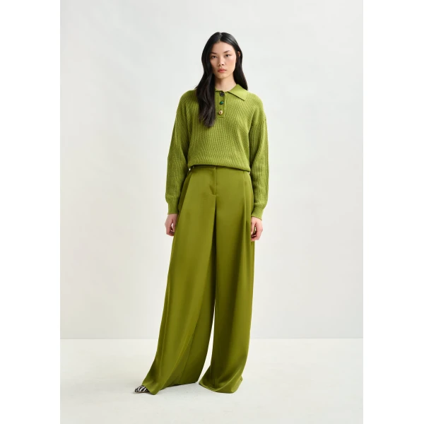 Essentiel Antwerp Olive green wide-leg satin pants, view 2