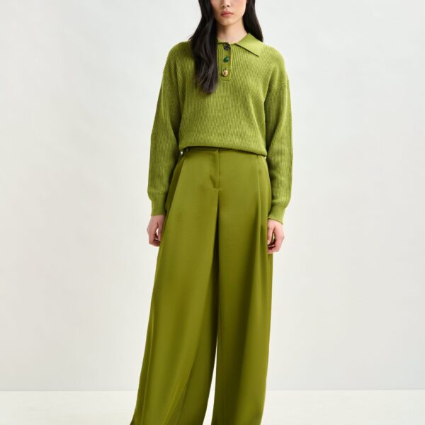 Essentiel Antwerp Olive green wide-leg satin pants - Essentiel Antwerp Pants - Colorful Belgian Design - Shop at Coveti