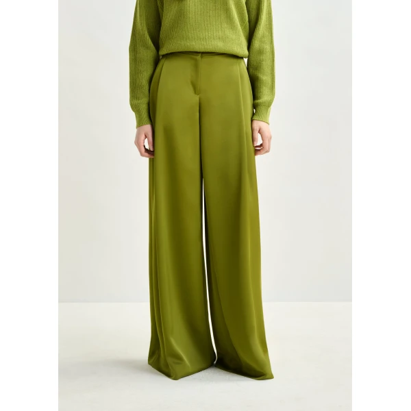 Essentiel Antwerp Olive green wide-leg satin pants, view 3