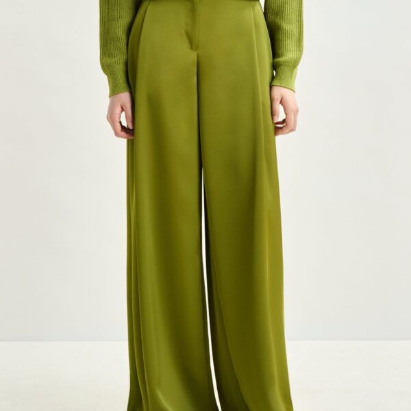 Essentiel Antwerp Olive green wide-leg satin pants - Essentiel Antwerp Pants - Colorful Belgian Design - Shop at Coveti