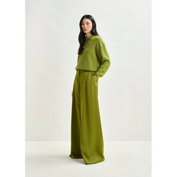 Essentiel Antwerp Olive green wide-leg satin pants, view 4