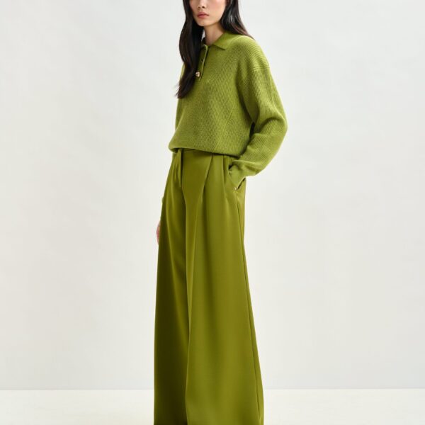 Essentiel Antwerp Olive green wide-leg satin pants - Essentiel Antwerp Pants - Colorful Belgian Design - Shop at Coveti