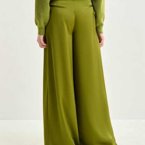 Essentiel Antwerp Olive green wide-leg satin pants - Essentiel Antwerp Pants - Colorful Belgian Design - Shop at Coveti