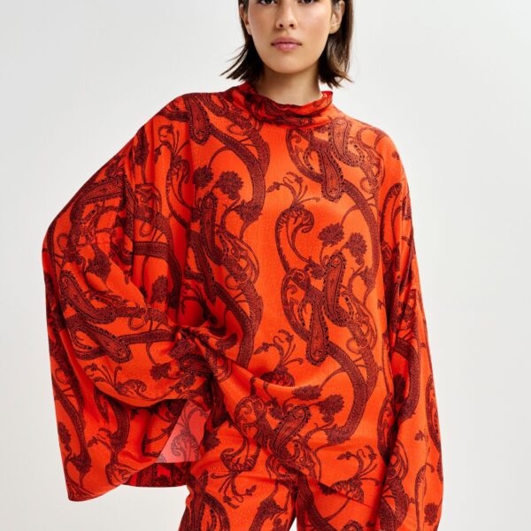 Essentiel Antwerp Orange and black oversized paisley print top with high neck - Essentiel Antwerp Tops - Colorful Belgian Design - Shop at Coveti