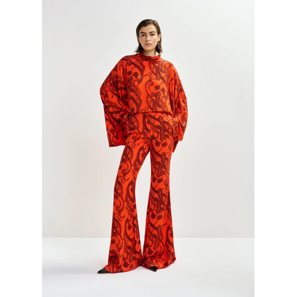 Essentiel Antwerp Orange and black oversized paisley print top with high neck, view 5