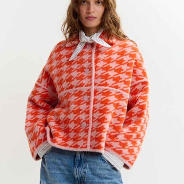 Essentiel Antwerp Orange and dusty pink houndstooth knit cardigan - Essentiel Antwerp Knitwear - Colorful Belgian Design - Shop at Coveti