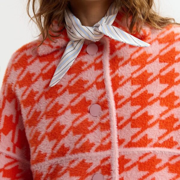 Essentiel Antwerp Orange and dusty pink houndstooth knit cardigan - Essentiel Antwerp Knitwear - Colorful Belgian Design - Shop at Coveti