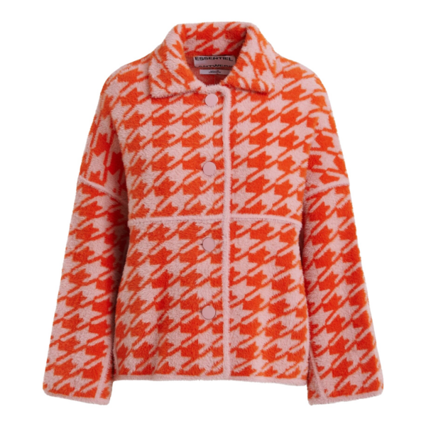Essentiel Antwerp Orange and dusty pink houndstooth knit cardigan - Essentiel Antwerp Knitwear - Colorful Belgian Design - Shop at Coveti