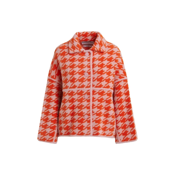 Essentiel Antwerp Orange and dusty pink houndstooth knit cardigan - Essentiel Antwerp Knitwear - Colorful Belgian Design - Shop at Coveti