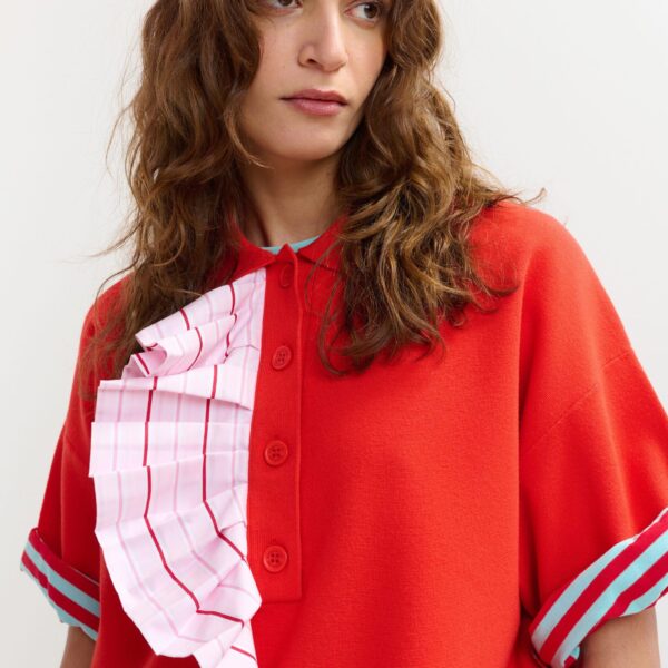 Essentiel Antwerp Orange and light pink ruffle fine-knit polo top - Essentiel Antwerp Tops - Colorful Belgian Design - Shop at Coveti