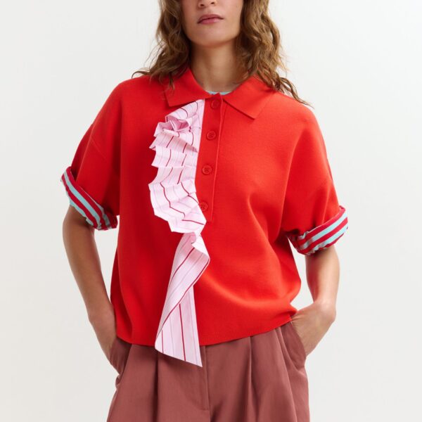 Essentiel Antwerp Orange and light pink ruffle fine-knit polo top - Essentiel Antwerp Tops - Colorful Belgian Design - Shop at Coveti