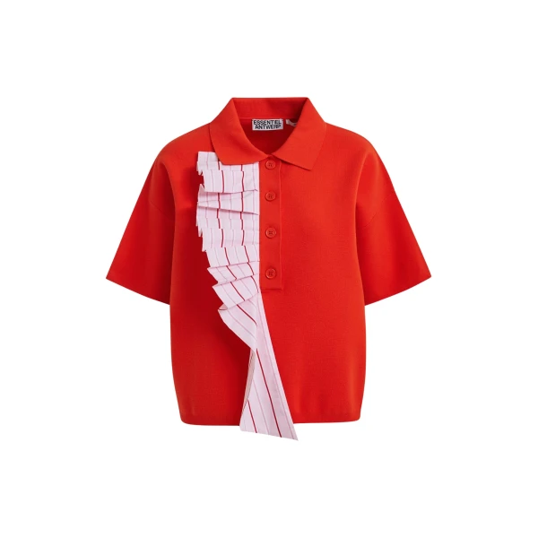 Essentiel Antwerp Orange and light pink ruffle fine-knit polo top - Essentiel Antwerp Tops - Colorful Belgian Design - Shop at Coveti