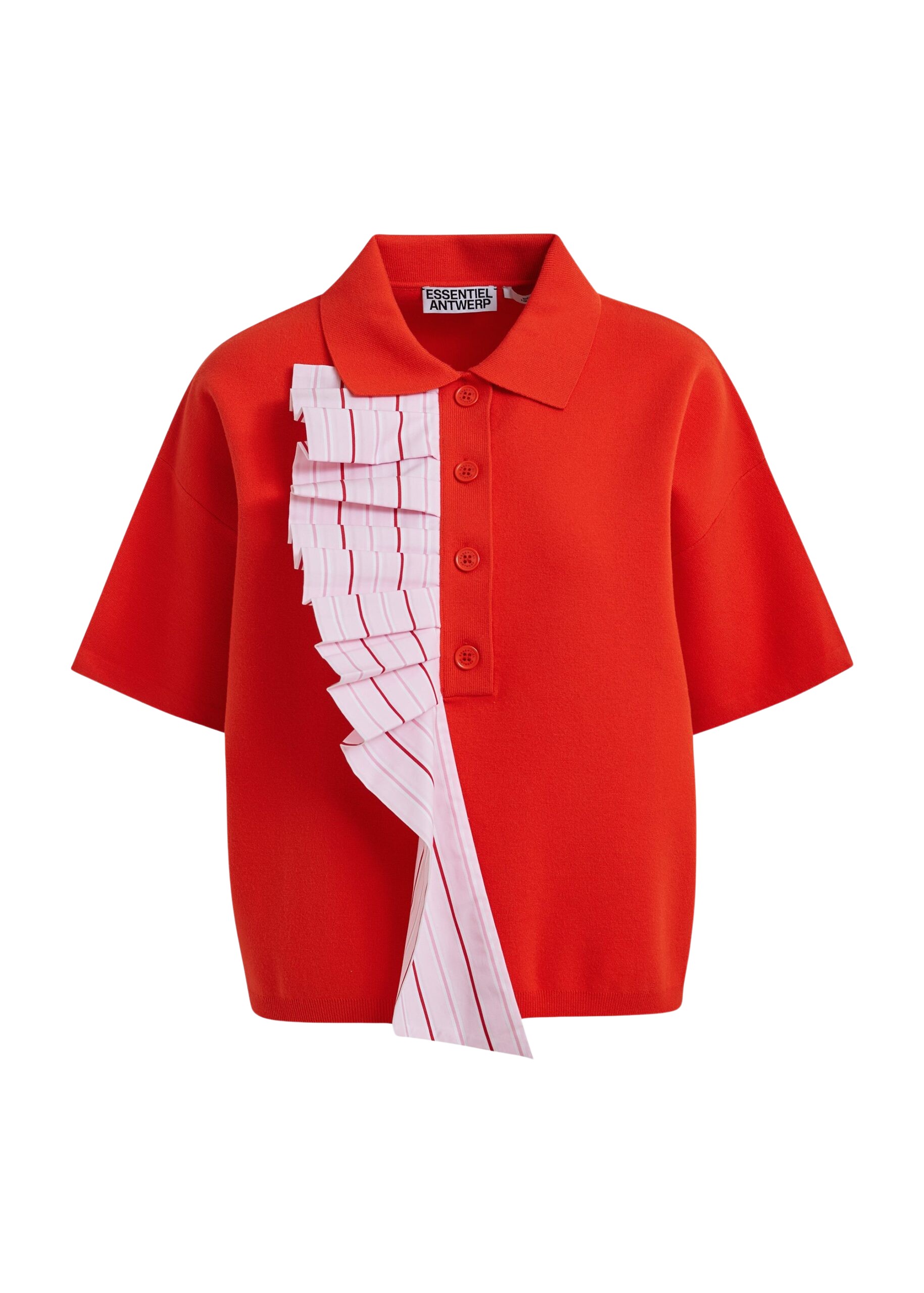Essentiel Antwerp Orange and light pink ruffle fine-knit polo top - Essentiel Antwerp Tops - Colorful Belgian Design - Shop at Coveti