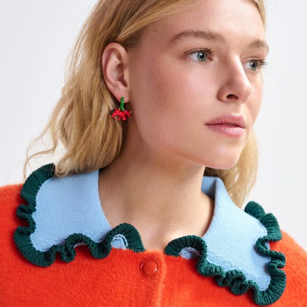 Essentiel Antwerp Orange cardigan with contrasting light blue and dark green ruffle collar - Essentiel Antwerp Knitwear - Colorful Belgian Design - Shop at Coveti