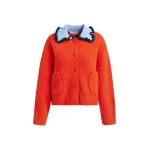 Essentiel Antwerp Orange cardigan with contrasting light blue and dark green ruffle collar - Essentiel Antwerp Knitwear - Colorful Belgian Design - Shop at Coveti