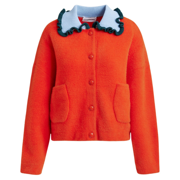 Essentiel Antwerp Orange cardigan with contrasting light blue and dark green ruffle collar - Essentiel Antwerp Knitwear - Colorful Belgian Design - Shop at Coveti