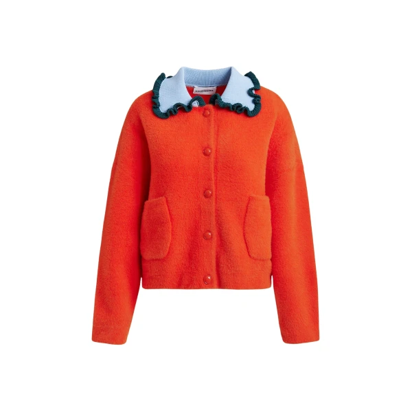 Essentiel Antwerp Orange cardigan with contrasting light blue and dark green ruffle collar - Essentiel Antwerp Knitwear - Colorful Belgian Design - Shop at Coveti
