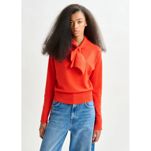 Essentiel Antwerp Orange cashmere sweater with pussy-bow tie, view 2