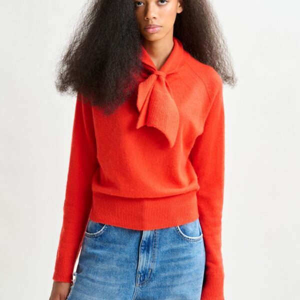 Essentiel Antwerp Orange cashmere sweater with pussy-bow tie - Essentiel Antwerp Knitwear - Colorful Belgian Design - Shop at Coveti