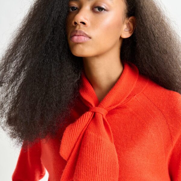 Essentiel Antwerp Orange cashmere sweater with pussy-bow tie - Essentiel Antwerp Knitwear - Colorful Belgian Design - Shop at Coveti
