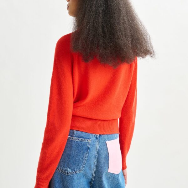 Essentiel Antwerp Orange cashmere sweater with pussy-bow tie - Essentiel Antwerp Knitwear - Colorful Belgian Design - Shop at Coveti
