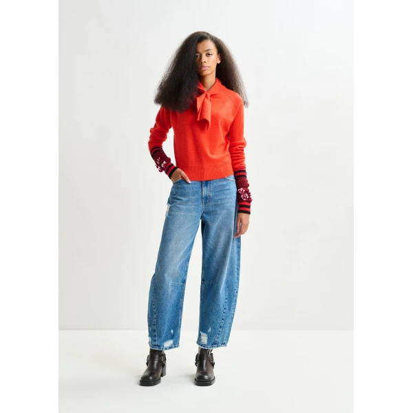 Essentiel Antwerp Orange cashmere sweater with pussy-bow tie, view 5
