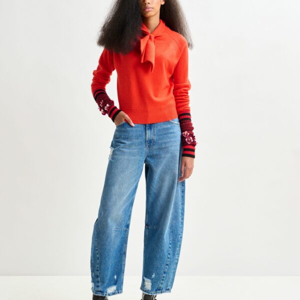 Essentiel Antwerp Orange cashmere sweater with pussy-bow tie - Essentiel Antwerp Knitwear - Colorful Belgian Design - Shop at Coveti