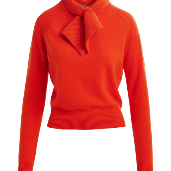 Essentiel Antwerp Orange cashmere sweater with pussy-bow tie - Essentiel Antwerp Knitwear - Colorful Belgian Design - Shop at Coveti