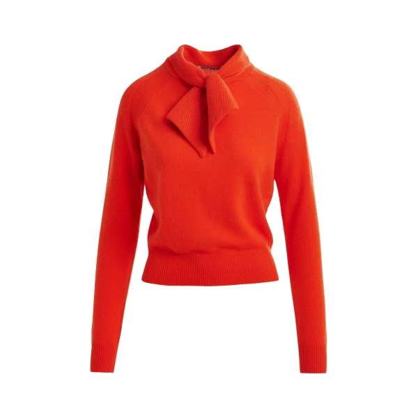 Essentiel Antwerp Orange cashmere sweater with pussy-bow tie - Essentiel Antwerp Knitwear - Colorful Belgian Design - Shop at Coveti