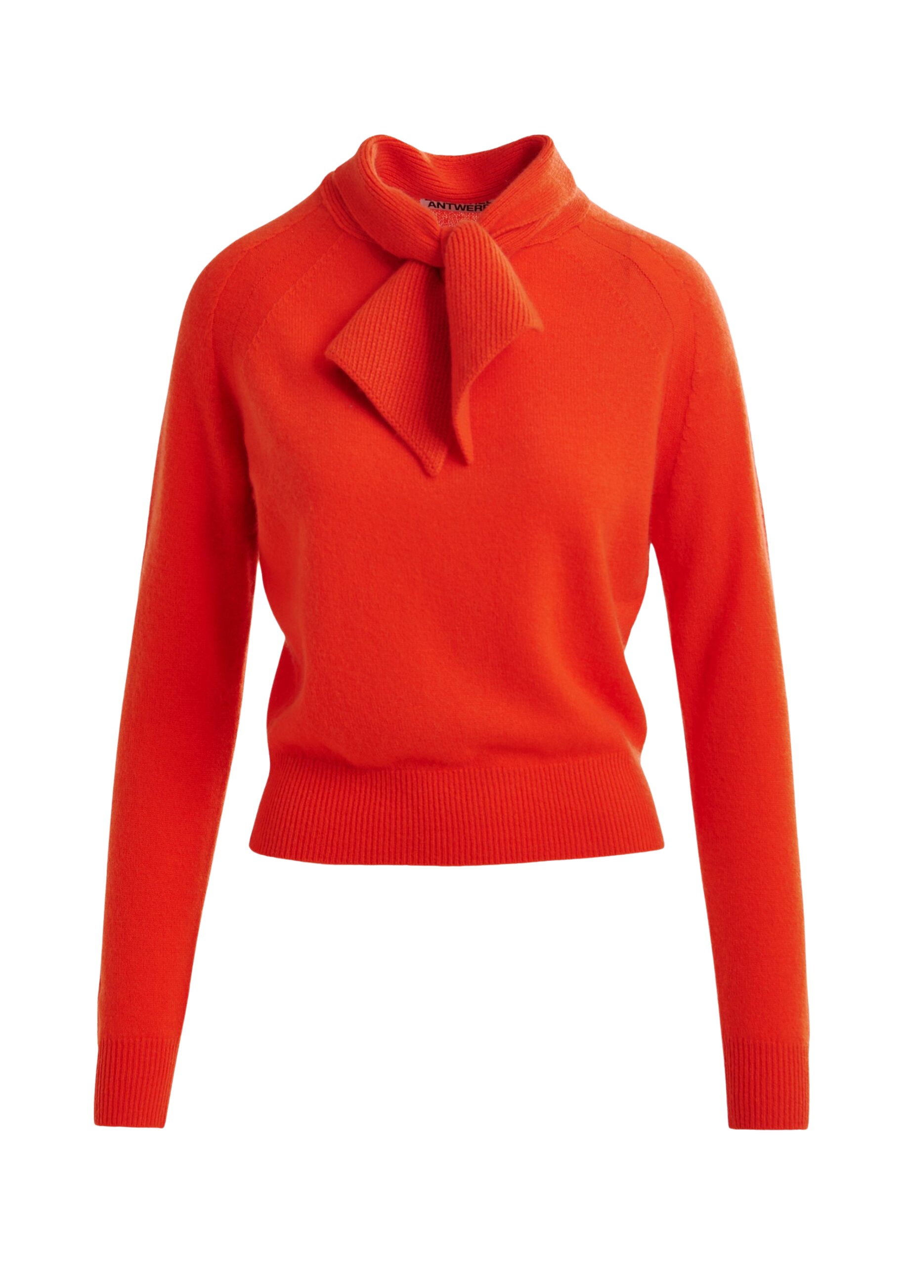 Essentiel Antwerp Orange cashmere sweater with pussy-bow tie - Essentiel Antwerp Knitwear - Colorful Belgian Design - Shop at Coveti