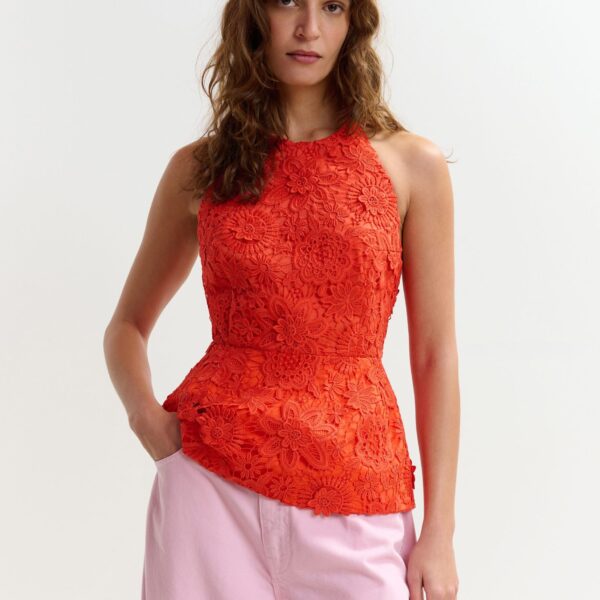Essentiel Antwerp Orange floral lace halter peplum top - Essentiel Antwerp Tops - Colorful Belgian Design - Shop at Coveti