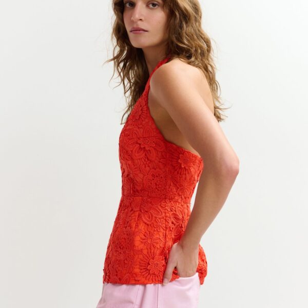 Essentiel Antwerp Orange floral lace halter peplum top - Essentiel Antwerp Tops - Colorful Belgian Design - Shop at Coveti