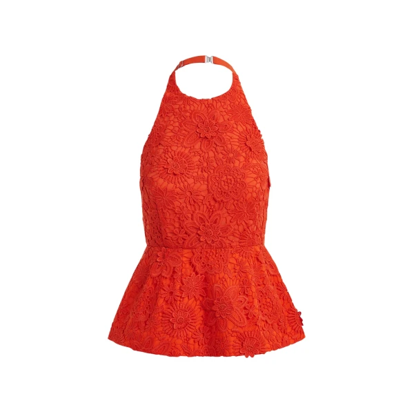 Essentiel Antwerp Orange floral lace halter peplum top - Essentiel Antwerp Tops - Colorful Belgian Design - Shop at Coveti