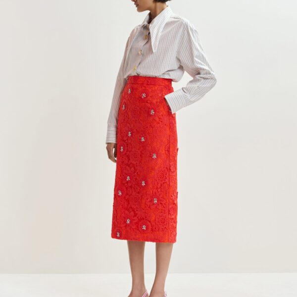 Essentiel Antwerp Orange floral lace pencil skirt with rhinestone embellishments - Essentiel Antwerp Skirts - Colorful Belgian Design - Shop at Coveti