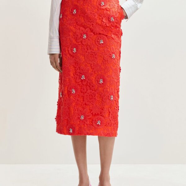Essentiel Antwerp Orange floral lace pencil skirt with rhinestone embellishments - Essentiel Antwerp Skirts - Colorful Belgian Design - Shop at Coveti