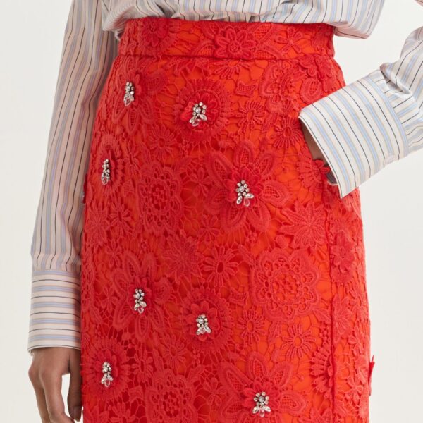 Essentiel Antwerp Orange floral lace pencil skirt with rhinestone embellishments - Essentiel Antwerp Skirts - Colorful Belgian Design - Shop at Coveti