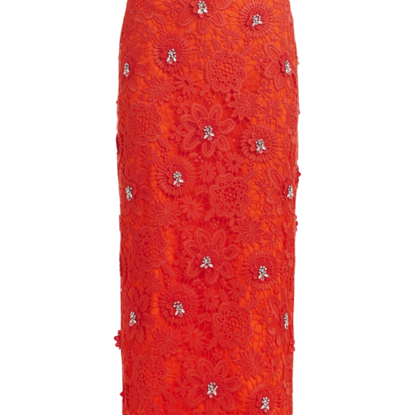 Essentiel Antwerp Orange floral lace pencil skirt with rhinestone embellishments - Essentiel Antwerp Skirts - Colorful Belgian Design - Shop at Coveti