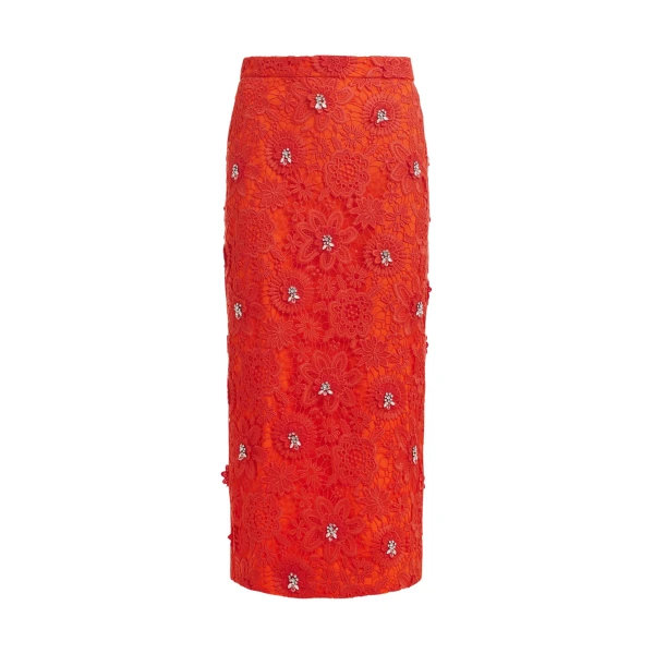 Essentiel Antwerp Orange floral lace pencil skirt with rhinestone embellishments - Essentiel Antwerp Skirts - Colorful Belgian Design - Shop at Coveti
