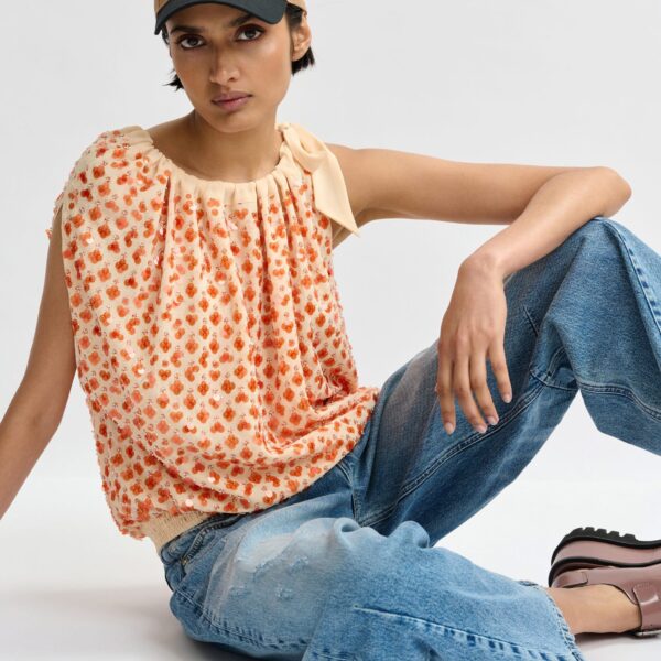 Essentiel Antwerp Orange sequin-embellished asymmetric top with neck-tie ribbon - Essentiel Antwerp Tops - Colorful Belgian Design - Shop at Coveti
