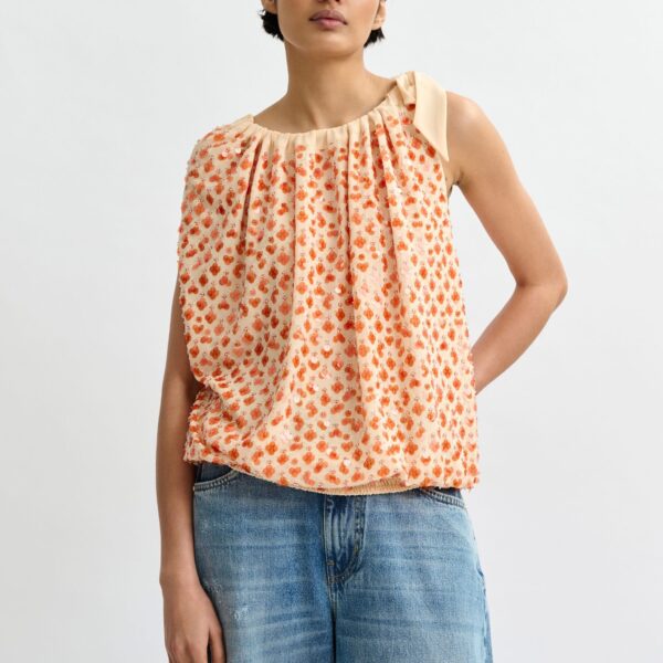 Essentiel Antwerp Orange sequin-embellished asymmetric top with neck-tie ribbon - Essentiel Antwerp Tops - Colorful Belgian Design - Shop at Coveti