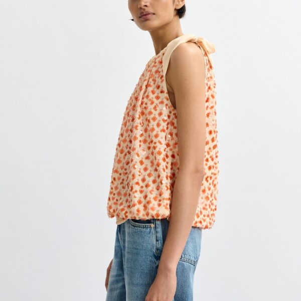 Essentiel Antwerp Orange sequin-embellished asymmetric top with neck-tie ribbon - Essentiel Antwerp Tops - Colorful Belgian Design - Shop at Coveti