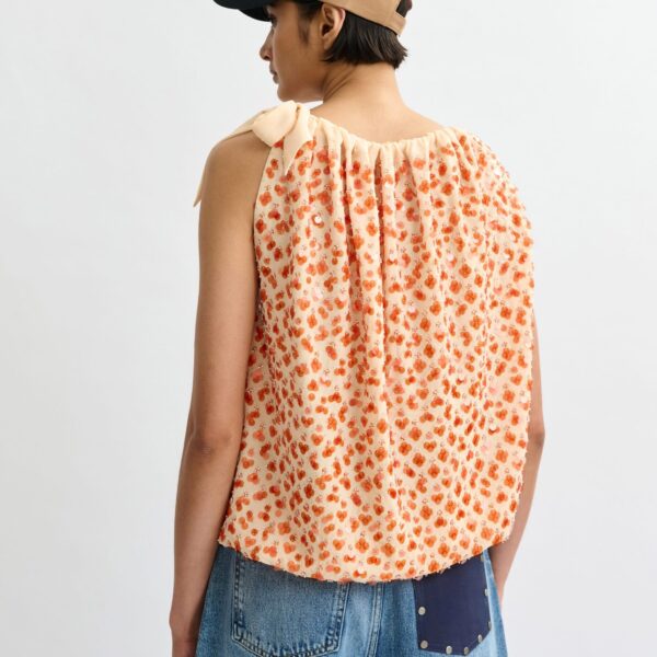 Essentiel Antwerp Orange sequin-embellished asymmetric top with neck-tie ribbon - Essentiel Antwerp Tops - Colorful Belgian Design - Shop at Coveti