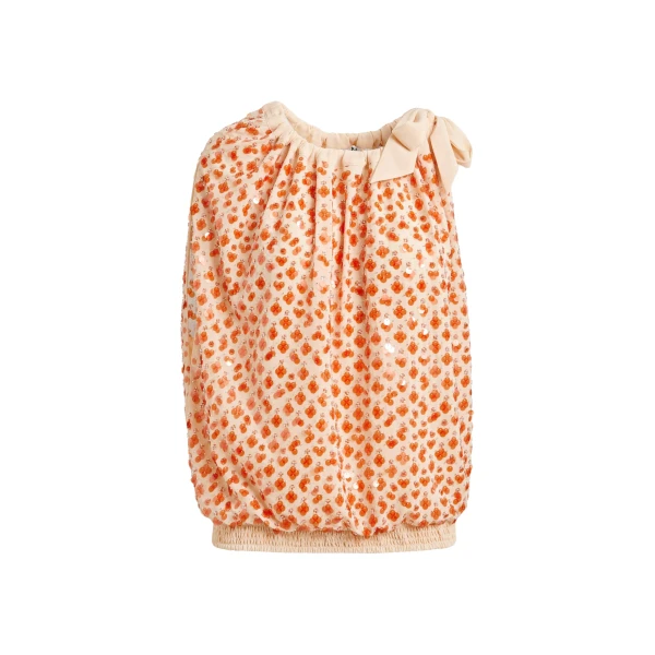 Essentiel Antwerp Orange sequin-embellished asymmetric top with neck-tie ribbon - Essentiel Antwerp Tops - Colorful Belgian Design - Shop at Coveti