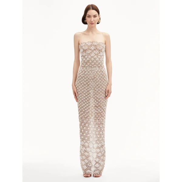 Oscar de la Renta Pearl Embroidered Scallop Gown - Oscar de la Renta Dresses - American Couture - Shop at Coveti